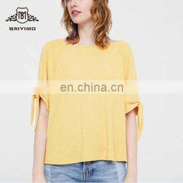 2017 Sweet Top Fashion Knot Sleeve Orange-Yellow High Quality Girl Blank T Shirt