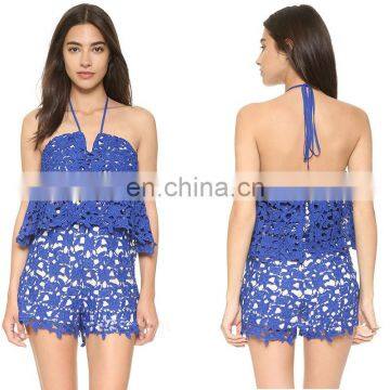 Blue Hollow Lace Fashionable Sleeveless Tops With Shorts 2 Pcs Sets Women Dress photo-2