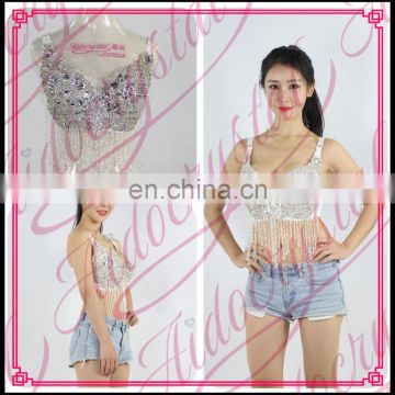 Aidocrystl Handmade rhinestone tassel white belly dance sequin bra top