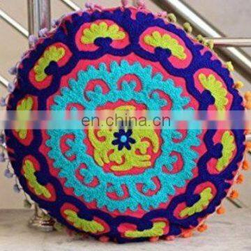 Multi Pom Pom Round 16x16 Suzani Outdoor Cushions Cover, Bohemian Decorative Boho Maxican Stylish Round Cushion Covers