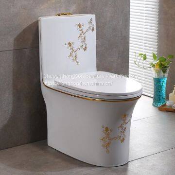 2018 new model one piece toilet bowl with new golden decal