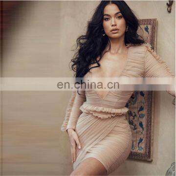 LAITE D2191 Hot Sales Fashion V-neck Bodycon Lace Sexy Dresses Women Pleated High Waist Casual Dresses photo-5