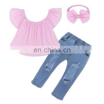 Usa Clothing Boutique Summer Girls off Shoulder Top With Ripped Jeans Pants and Headband 3pcs Girl Clothing Sets photo-3