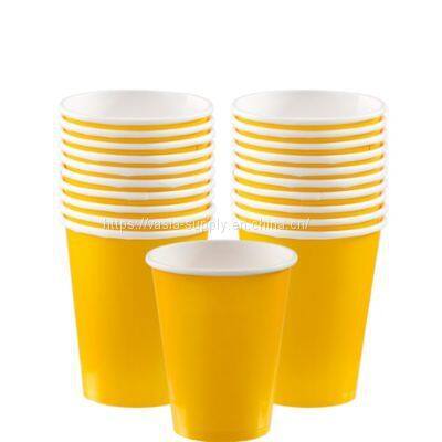 Custom yellow disposable solid color paper cup ideal for festive occasions garden parties, children's birthdays, hiking, barbecues, summer parties and inauguration parties