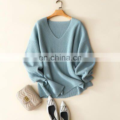 Women Rib Knit V-neck Plus Size Lantern Sleeve Cashmere Pullover Slit Hem Sweater