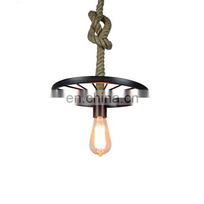 Black Iron Wheel Chandelier Hemp Rope Cable Pendant Light Modern Pendant Lamp