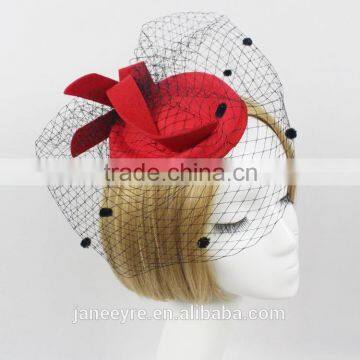 Hot Sale!!!Fashion Ladies Design Veiling And Red Wool Felt Hat photo-4