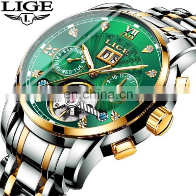 Lige 9909 Designer Men Automatic Mechanical Watch Luxury Steel Tourbillon Waterproof  Business Lige Watches Men