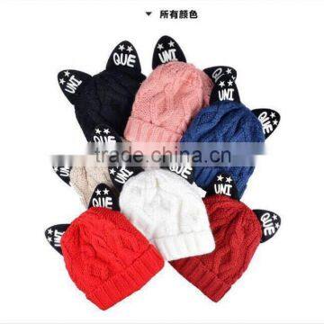 Unique Printed Cat Ear Decorated Polar Fleece Inside Twisted Knitting Women Girls Hat