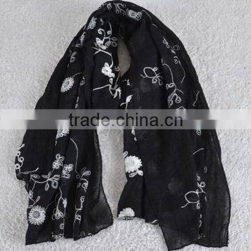 Winter Spring Fashion Long Cotton Flower Machine Embroidery Scarf