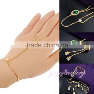 Adjustable Yellow Fine Hand Chain Bracelet Finger Ring with Crystal