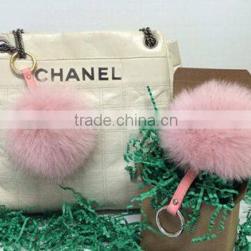 Cute Genuine Leather Fox fur pom pom keychain for car key ring Bag Pendant Light Pink