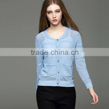 Lady's Knitted Round-neck Long Sleeve Pointelle Cardigan