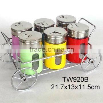 TW920B 6pcs glass spice jar set with metal casing and rack