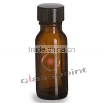 Amber Boston Round Glass Bottle 1/2 oz w/ Black Plastic Cap, 15ml amber bottle with screw cap