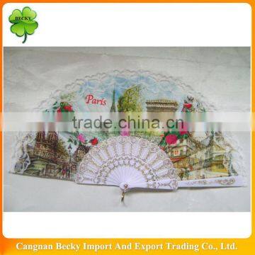 Chinese personalized hand fan with white plastic ribs and colorful fabric surface and lace