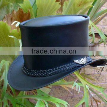 BLACK LEATHER AUSTRALIAN HAND CRAFTED STEAMPUNK TOP HAT WITH SKULL WING BADGE