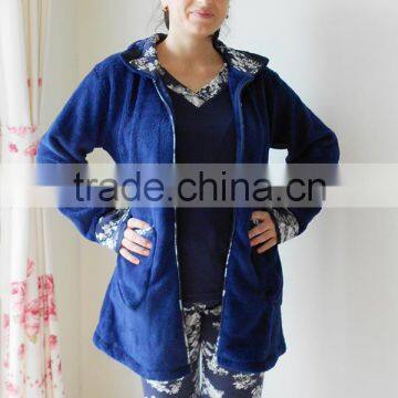 Kevince flannel & interlock pyjamas 3pcs set knitting womens pajama navy flower 1000pcs up OEM factory directly