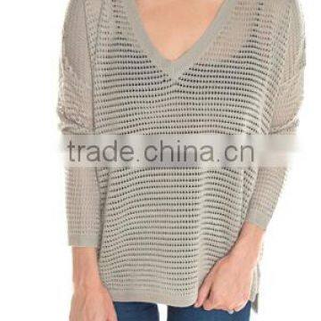 woman linen hole stitch V neck spring summer sweater