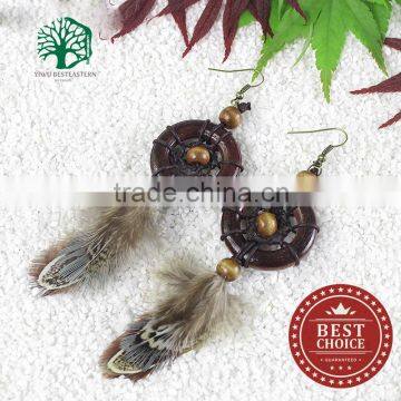 Handmade wooden circle Dream Catcher feather earring