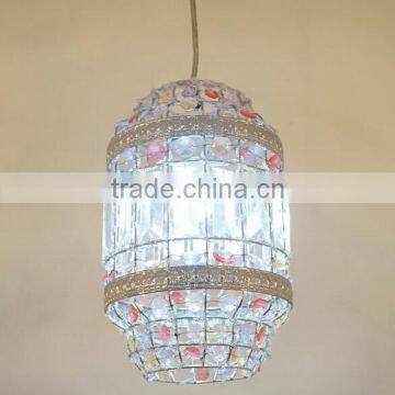 Red & Clear Crystal Beads Pendant Lamp Vintage Bronze Metal Hanging Lights