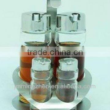 glass oil and vinegar bottle set with stand ,glass spice set