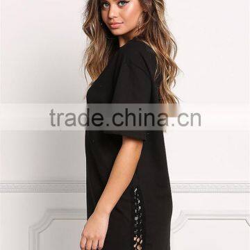 MGOO 2017 New Stylist Black Oversized Fashion Tunic Tops Flare Half Sleeves 220g Heavy Chocker Shirts photo-5