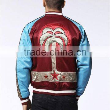 MGOO New Arrival Satin Raglan Long Sleeves Jackets Baseball Red Mens Bomber Jackets With Custom Embroidery photo-3