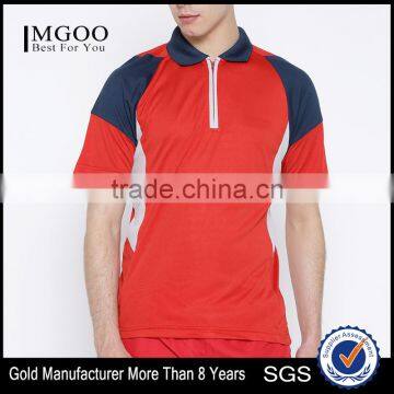 Men Red Colourblocked Spread Collar T-Shirt Stylish Spread Collar Tee Concealed Short Zip Closure Custom Mesh Polyester Material