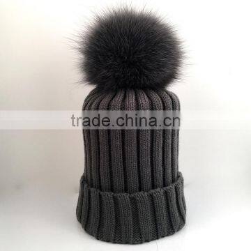 Myfur Dark Grey Knitting Hat for Adults With Real Fox Fur Pompom