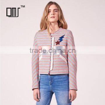 Ladies cotton leisure style striped collarless sequinned patches spring jackets