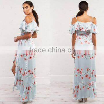 Mature Women Floral Wrap Dresses 2018 Cold Shoulder Frill Maxi Dress photo-4
