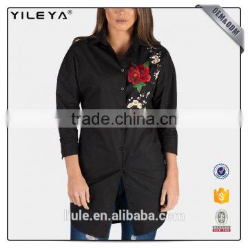 High Fashion Long Sleeve Black Women Cotton Shirt With Embroidery photo-2