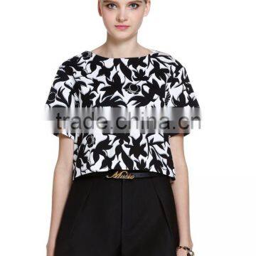 Womens cotton full printing loose back zipper-up shirt/blouse