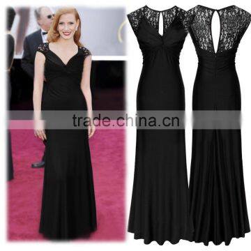 Fashion Custom Black Long Dress Sleeveless Lace V Neck Evening Dress For Wholesale photo-2
