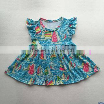 Real Life Picture Toddler Girls Boat Print Pearl Sleeve Dresses for summer GD482