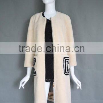 Wholesale New Product Lamb Skin Leather Jacket Genuine Beige Long Shearing Lamb Fur Coat Dyed Colour Unique Pattern Design