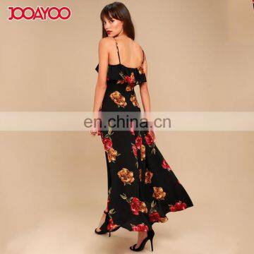 Women Casual One Piece Shoulder-straps Wrap Dress Black Long Floral Print Dress