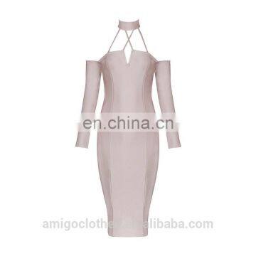 Amigo 2017 Fashion Beige Long Sleeve Halter Backless Crossover Bandage Dress Elegant Prom Dresses for Celebrity in Red Carpet photo-2