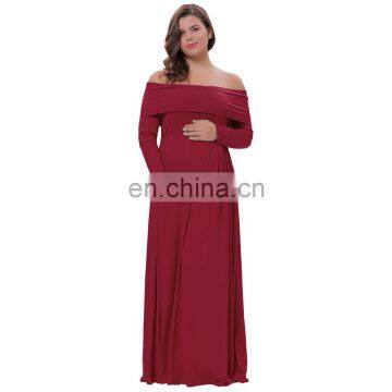 Kate Kasin Sexy Womens Maternity Long Sleeve Off Shoulder Long Maxi Dress Wine Red Maternity Dress KK000677-1 photo-2