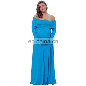 Kate Kasin Sexy Womens Maternity Long Sleeve Off Shoulder Long Maxi Sky Blue Maternity Dress KK000677-2