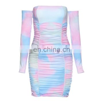 LAITE D2128 women tie dye printed dresses ladies one-shoulder club party dresses women sexy dresses