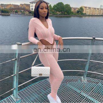 2020 Hot Sales Women Long Sleeve Hooded Clothing Set Ladies Sports Pleated Bodycon Clothing Sets photo-2