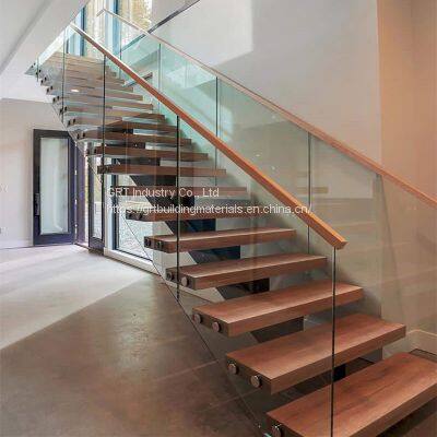 Straight Mild Steel Glass Modern Floating Staircase / Prefab Steel Glass Stair Indoor