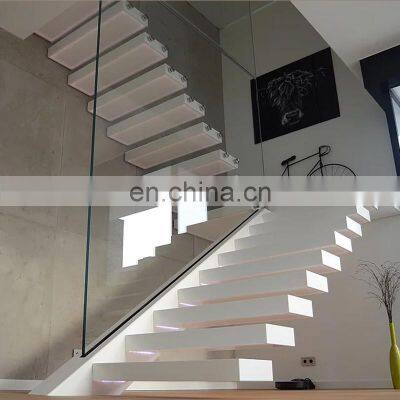 White Finish Wood Step Led Stairs With Tempered Glass Balustrade photo-3