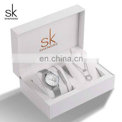 SHENGKE Silvery Watch Sets Luxury Jewelry Set Gift Box Women Watches Wristwatch Earrings Necklaces Relogio Feminine