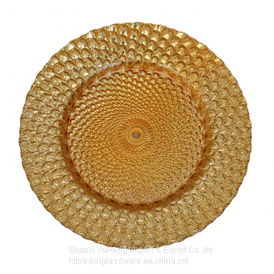 Round Embossed Wedding Gold Colored Feather Glass Charger Plate