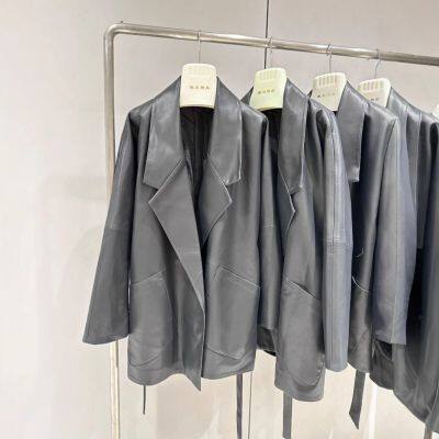 Suit Collar Belt Loose Sheepskin Windbreaker Spring and Autumn Genuine Leather Leather Jacket for Women Wide Version Mid-length Jacket photo-2