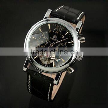 Men's Black Tourbillon Leather Band Automatic Wrist Watch