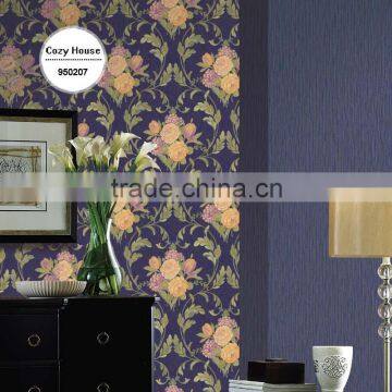 Popular Heavy Embossed Pvc Coated Wallpaper, Brown Retro Damask Wall Sticker for Hotel , Peelable Wall Mural Distributor